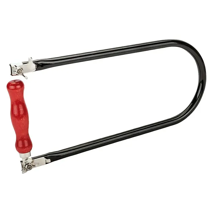 Bahco Laubsägebogen 502 - Blattlänge: 130 mm, Schnitttiefe: 300 mm - Eine Stichsäge mit rotem Griff und schwarzem Rahmen, ein Werkzeug für präzise Holzarbeiten. Ideal für Hobbybastler und Profis.