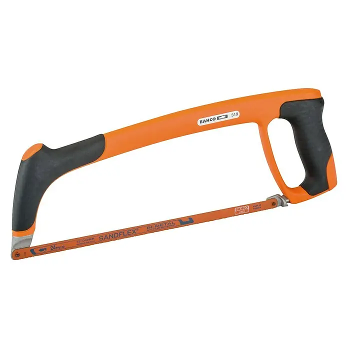 Bahco Komfort-Metallsäge 319 - Blattlänge: 300 mm, Material Sägeblatt: Bi-Metall - Abbildung einer Bahco 319 Metallsäge mit orangefarbenem Rahmen und einem schwarzen Griff, perfekt für präzise Metallschnitte.