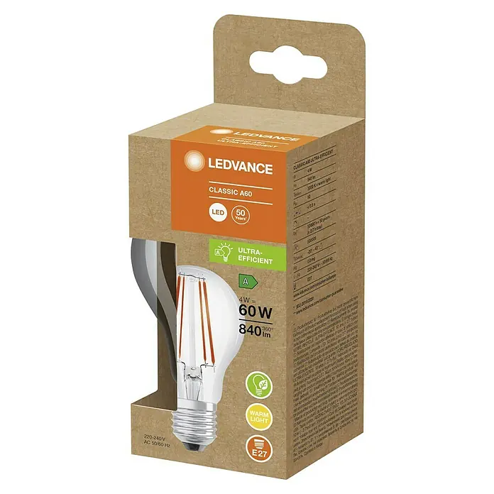 Ledvance LED-Lampe Glühlampenform E27 klarE27, Nicht Dimmbar, Warmweiß, 840 lm, 4 W