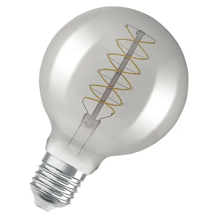 Osram LED-Lampe Vintage Edition 1906 Globe-Form E27 - Durchmesser: 9,5 cm, E27, Dimmbar, Warmweiß, 360 lm, 7,8 W - Nahaufnahme einer Globe-Glühbirne mit LED-Filament, die warmes Licht für stimmungsvolle Beleuchtung ausstrahlt. Die klare Oberfläche sorgt für einen eleganten Look.