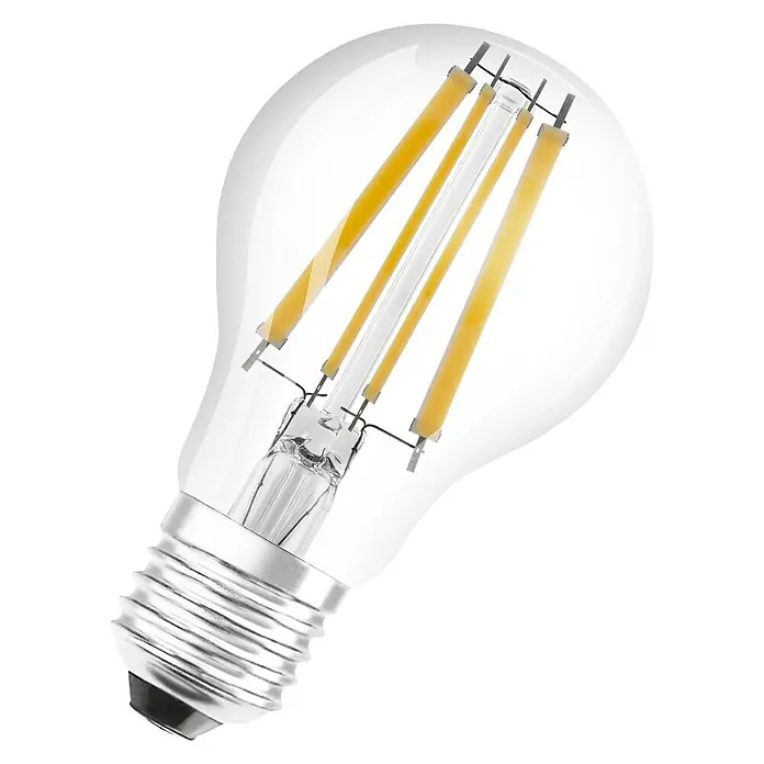 Osram Parathom Bombilla LED A100 - E27, Intensidad regulable, Blanco cálido, 1.521 lm, 12 W - Primer plano de una bombilla de filamento LED OSRAM transparente con base E27 y luz blanca cálida sobre fondo negro.