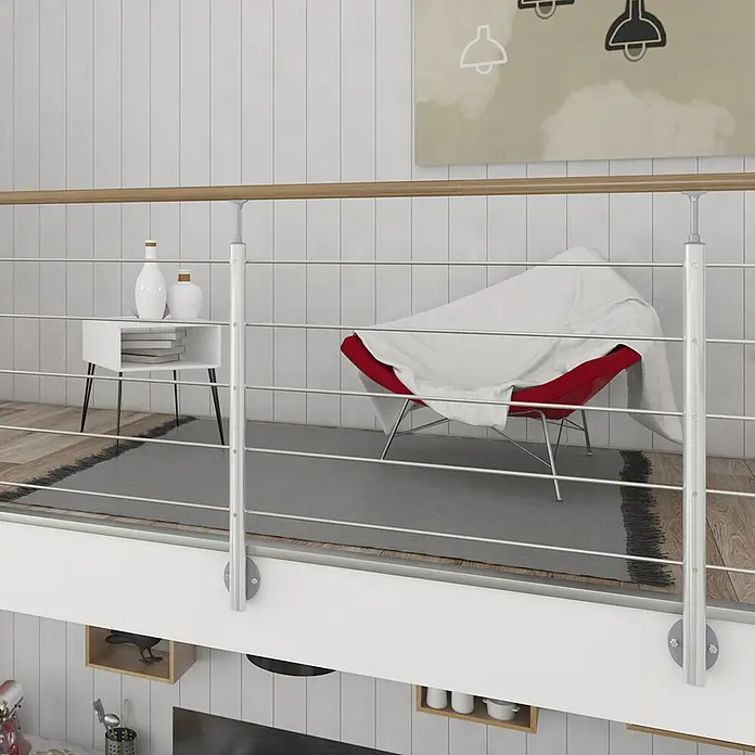 Dolle Geländer-Set PS 021 - Seitenmontage, Aluminium, Eiche, Länge: 150 cm - Diese Aufnahme zeigt eine moderne Treppe mit Edelstahlseilgeländer, die durch ihr schlichtes Design und die Verwendung von hochwertigen Materialien besticht.