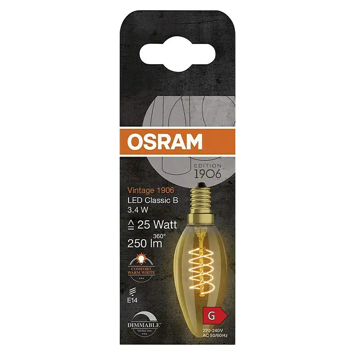 Osram LED-Lampe Vintage Edition 1906 Birnenform E14 - E14, Dimmbar, Warmweiß, 250 lm, Kerze, Gold - Produktverpackung für eine dimmbare OSRAM Vintage 1906 LED Classic B Lampe mit 3,4 W, die ein warmweißes Licht mit 250 Lumen erzeugt.