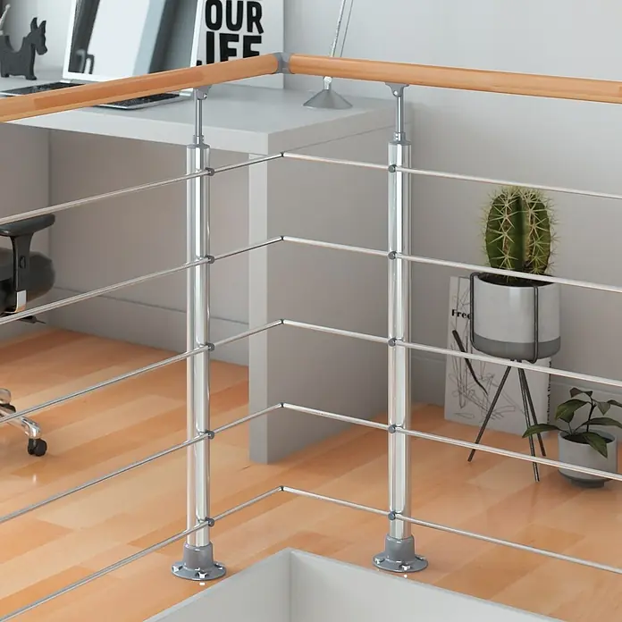 Dolle Geländer-Set PS 030 - Oberbodenmontage, Aluminium, Buche, Länge: 150 cm - Elegante Treppengeländer-Lösung: Das hochwertige Geländer mit Holzhandlauf und Edelstahlseilen bietet Sicherheit und ein modernes Design für Ihr Zuhause.