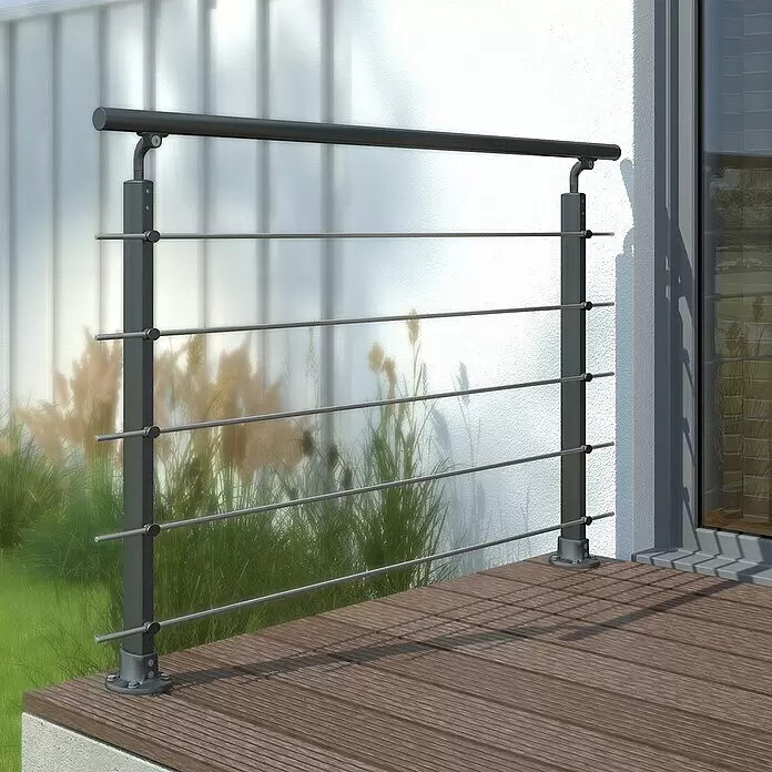Dolle Geländer-Set PS 150 - Oberbodenmontage, Aluminium, Anthrazitgrau, Rund, Länge: 150 cm - Modernes dunkelgraues Geländer mit Edelstahlstäben auf einer Holzterrasse, für Sicherheit und zeitgemäßes Design im Freien.