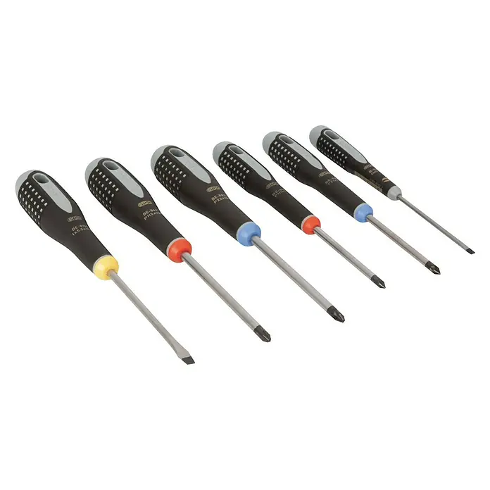 Bahco Schraubendreher-Set BE-9886 - 6 -tlg., Schlitz und Kreuzschlitz PH/PZ - Satz von Bahco-Schraubendrehern mit farbcodierten Griffen für einfaches Erkennen. Ideal für verschiedene Schraubarbeiten.