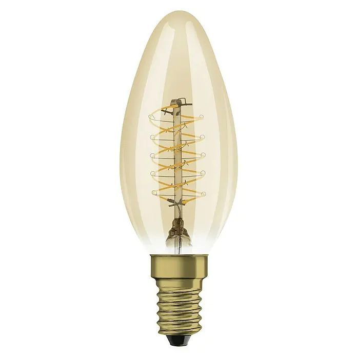 Osram LED-Lampe Vintage Edition 1906 Birnenform E14 - E14, Dimmbar, Warmweiß, 250 lm, Kerze, Gold - Nahaufnahme einer dekorativen LED-Filament-Glühbirne im Retro-Look, ideal für stimmungsvolle Beleuchtung und energieeffizientes Design.