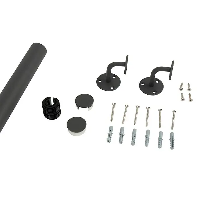 Dolle Handlauf-Set PS 153 - Aluminium, Anthrazitgrau, Länge: 150 cm - Ein Set von schwarzen Treppengeländer-Komponenten, inklusive Halterungen, Schrauben und Endkappen, ideal für die sichere Montage.