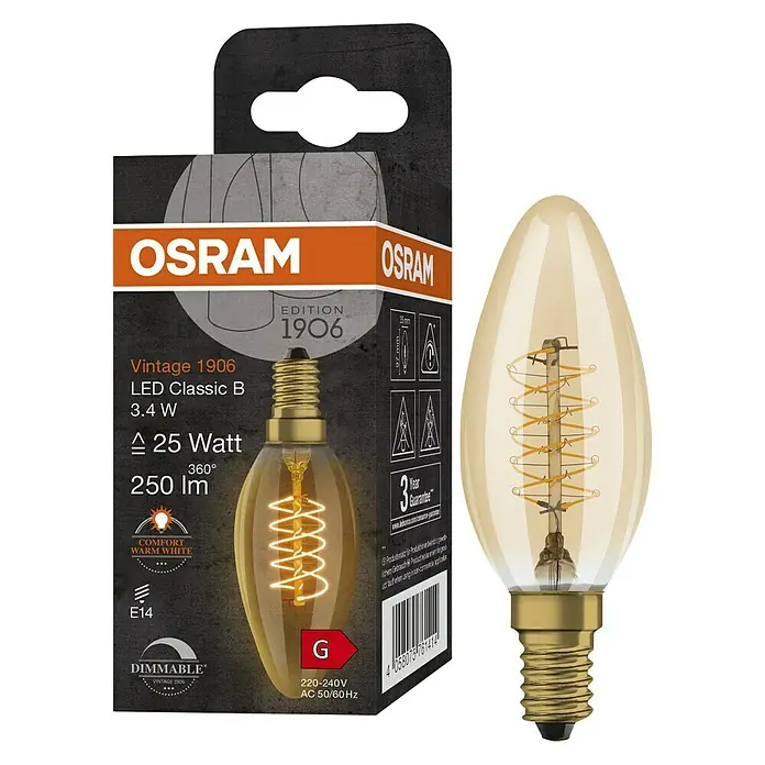 Osram LED-Lampe Vintage Edition 1906 Birnenform E14 - E14, Dimmbar, Warmweiß, 250 lm, Kerze, Gold - Osram Vintage 1906 LED-Lampe.