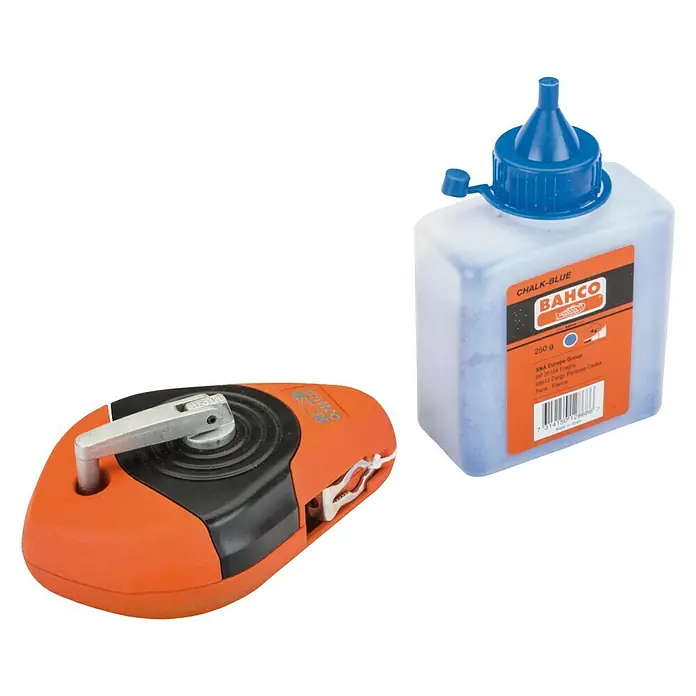 Bahco Schlagschnur-Set CL-1441-SET - 2 -tlg. - Abgebildet ist ein Bahco-Schlagschnurgerät mit blauer Kreide. Das Werkzeug ist ideal zum Markieren gerader Linien auf verschiedenen Oberflächen.