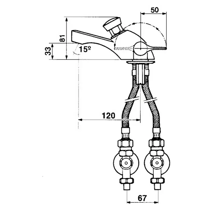 Grifo con temporizador 2 aguas 3000 - Cromo - Diagrama de un grifo que muestra las dimensiones 33, 81, 15°, 50, 120 y 67, destacando los detalles y las medidas del producto.