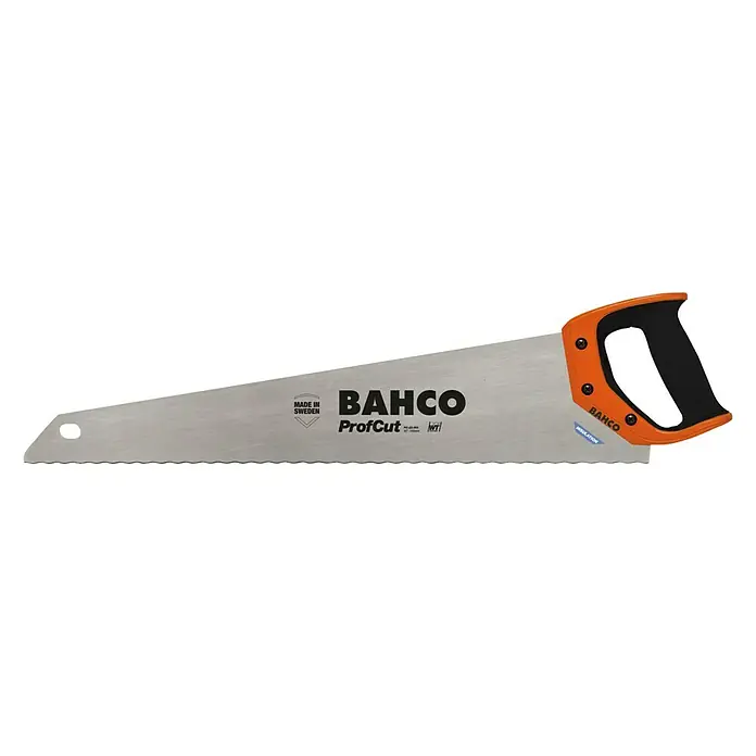Bahco Handsäge Fuchsschwanz PC-22-INS - Blattlänge: 550 mm, Dämmstoff - Das Bild zeigt eine Handsäge der Marke BAHCO mit orangefarbenem Griff vor einem schwarzen Hintergrund. Sie ist für präzise Schnitte ausgelegt.