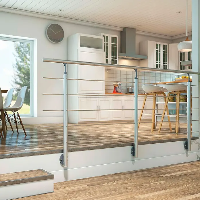 Dolle Geländer-Set PS 011 - Seitenmontage, Aluminium, Silber, Rund, Länge: 150 cm - Elegantes Edelstahl-Geländer mit modernen Halterungen. Ideal für Treppen und Balkone im Innenbereich.