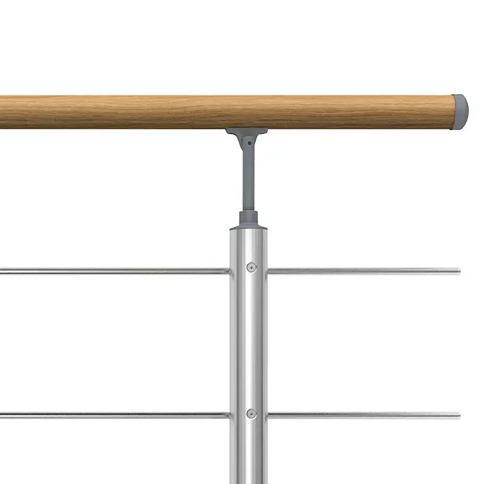 Dolle Geländer-Set PS 020 - Oberbodenmontage, Aluminium, Eiche, Länge: 150 cm - Detailaufnahme einer modernen Treppengeländerkonstruktion mit Holzhandlauf und vertikalen Edelstahlstreben.
