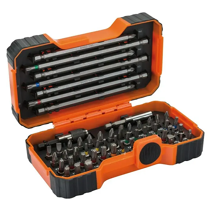 Bahco Bit-Box - Gesamtumfang: 54 -tlg., Material: Stahl - Das Werkzeugset beinhaltet eine Vielzahl von Schraubendreher-Bits in einer robusten orangefarbenen Box mit schwarzem Rand.