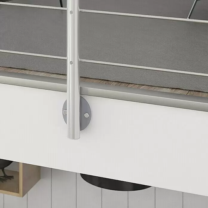 Dolle Geländer-Set PS 021 - Seitenmontage, Aluminium, Eiche, Länge: 150 cm - Modernes silbernes Metallgeländer mit horizontalen Stangen, sicher an einem weißen Bett- oder Hochbettrahmen montiert.