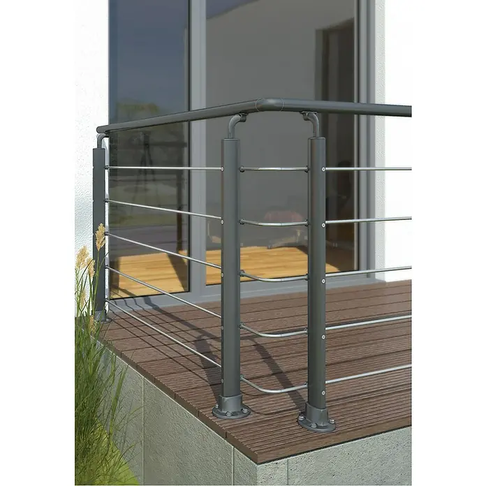 Dolle Eckverbinder-Set PS 152 - Anthrazitgrau, Rund - Das Bild zeigt ein modernes Edelstahlgeländer auf einer Terrasse, das sich durch sein schlichtes Design auszeichnet.