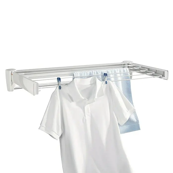 Leifheit Wandwäschetrockner Telegant 36 Protect Plus - Länge Wäscheleine: 3,6 m, 72 cm, Farbe: Weiß - Wandtrockner mit einem weißen Hemd und einem blauen Handtuch zum Trocknen aufgehängt. Praktisch für kleine Räume.