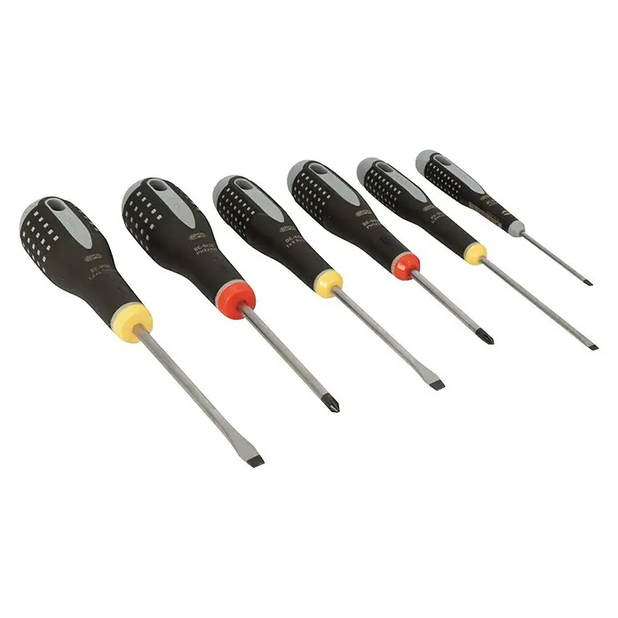 Bahco Schraubendreher-Set BE-9881 - 6 -tlg., Schlitz und Kreuzschlitz PH - Sechs ergonomische Schraubendreher mit farbcodierten Griffen, die verschiedene Schraubentypen und -größen für optimale Handhabung zeigen.