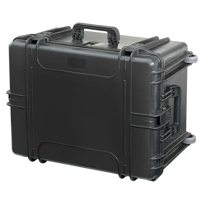 Wasserdichter Koffer MAX620 - L x B x H: 687 x 528 x 366 mm, Mit Würfelschaumstoffeinlage, Schwarz, Kunststoff - Robustes, schwarzes Rollkoffer mit Tragegriff und stabilen Verschlüssen für sicheren Transport von empfindlichen Gegenständen.