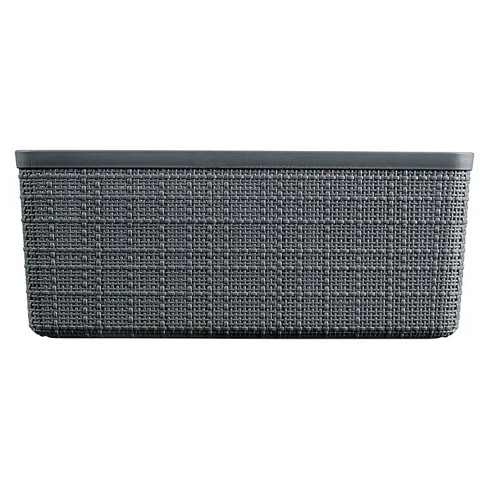Curver Aufbewahrungsbox Jute - L x B x H: 36 x 27 x 15 cm, Kunststoff, Anthrazit - Ein grauer, rechteckiger Korb mit einem geflochtenen Muster, ideal für die Organisation im Haus. Praktisch und stilvoll für jeden Raum.