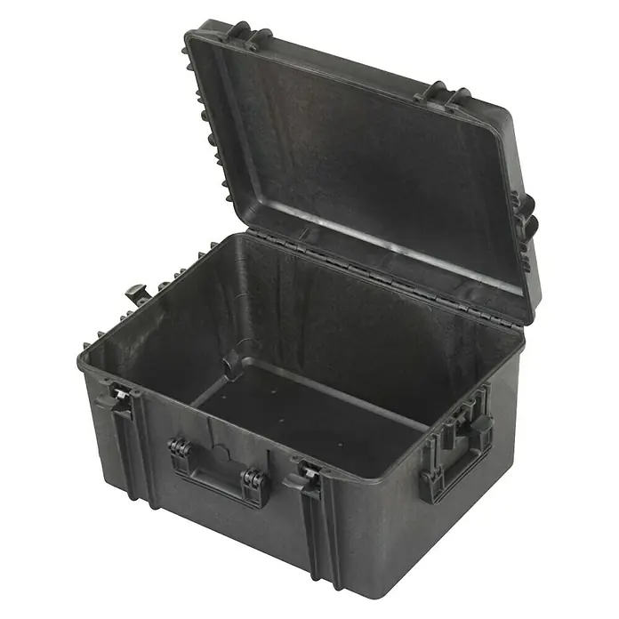 Wasserdichter Koffer MAX620 - L x B x H: 687 x 528 x 366 mm, Ohne Schaumstoffeinlage, Schwarz, Kunststoff - Geöffneter, stoßfester, schwarzer Transportkoffer, ideal für den sicheren Transport empfindlicher Geräte.