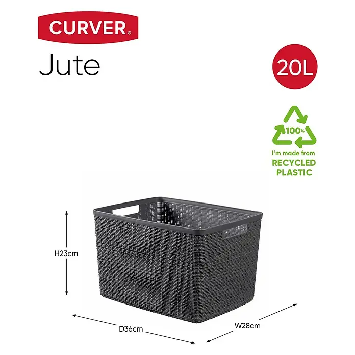 Curver Aufbewahrungsbox Jute - L x B x H: 36 x 28 x 23 cm, Kunststoff, Anthrazit - Abgebildet ist ein grauer CURVER Jute Aufbewahrungskorb aus recyceltem Kunststoff mit den Maßen H23cm, D36cm und W28cm.