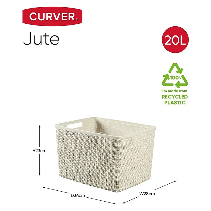 Curver Aufbewahrungsbox Jute - L x B x H: 36 x 28 x 23 cm, Kunststoff, Creme - Produktbild des Curver Jute Aufbewahrungskorbs mit 20L Fassungsvermögen, hergestellt aus recyceltem Kunststoff.