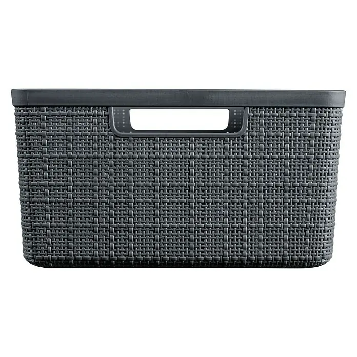 Curver Aufbewahrungsbox Jute - L x B x H: 36 x 27 x 15 cm, Kunststoff, Anthrazit - Nahaufnahme einer grauen, rechteckigen Aufbewahrungsbox mit gewebter Textur und Griffen, die Funktionalität und Stil vereint.
