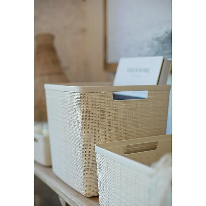 Curver Aufbewahrungsbox Jute - L x B x H: 28 x 28 x 27 cm, Kunststoff, Creme - Beige Aufbewahrungsboxen aus Korbgeflecht mit praktischen Griffen. Ideal für die Organisation im ganzen Haus und zur stilvollen Aufbewahrung von Gegenständen.