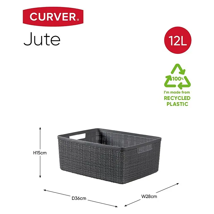 Curver Aufbewahrungsbox Jute - L x B x H: 36 x 27 x 15 cm, Kunststoff, Anthrazit - Ein grauer Curver Jute Aufbewahrungskorb mit den Maßen H15cm x T36cm x B28cm, hergestellt aus 100% recyceltem Kunststoff, mit einem Fassungsvermögen von 12 Litern.