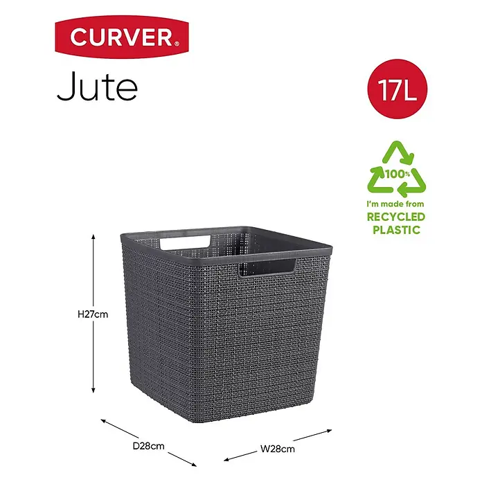 Curver Aufbewahrungsbox Jute - L x B x H: 28 x 28 x 27 cm, Kunststoff, Anthrazit - Bild eines CURVER Jute Aufbewahrungskorbs mit den Maßen H27cm, D28cm und W28cm. Der Korb ist aus 100% recyceltem Kunststoff hergestellt.