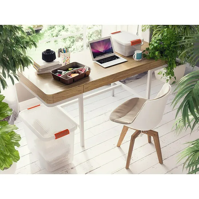 KIS Aufbewahrungsbox K LATCH - L x B x H: 39 x 29 x 18 cm, Transparent - Schreibtisch mit Laptop, Aufbewahrungsboxen und Büromaterial. Dekoriert mit Zimmerpflanzen für eine natürliche Atmosphäre.