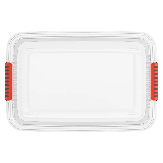 KIS Aufbewahrungsbox K LATCH - L x B x H: 59 x 39 x 28 cm, Transparent - Eine rechteckige, durchsichtige Frischhaltedose mit roten Griffen an den Seiten. Ideal für die Aufbewahrung von Lebensmitteln.