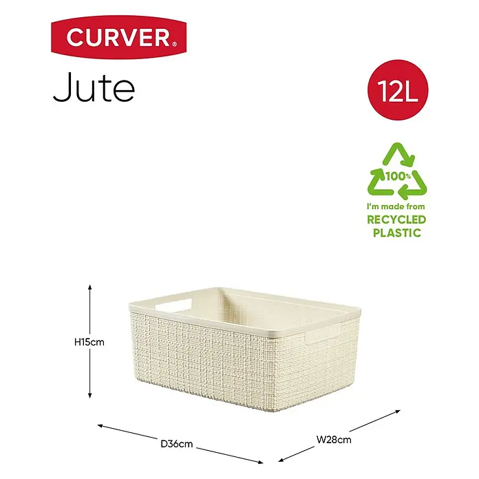 Curver Aufbewahrungsbox Jute - L x B x H: 36 x 27 x 15 cm, Kunststoff, Creme - CURVER Jute Aufbewahrungskorb mit den Maßen H15cm, D36cm und W28cm aus 100% recyceltem Kunststoff, Volumen 12L.
