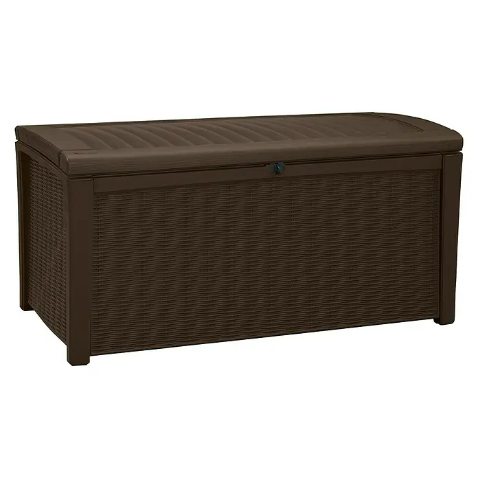 Keter Baúl para jardín Borneo - Plástico, 70 x 130 x 63 cm, 400 l, Marrón - Cofre de jardín marrón con aspecto de ratán. Ideal para guardar utensilios de jardín y cojines de asiento. La caja es resistente a la intemperie.