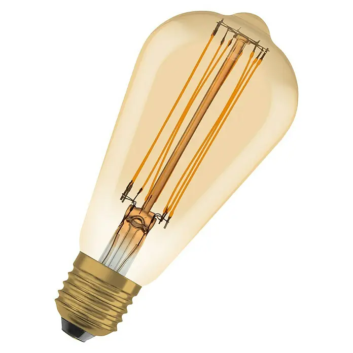 Osram LED-Lampe Vintage Edition 1906 Birnenform E27 - E27, Dimmbar, Warmweiß, 806 lm, 8,8 W, Gold - Ein warm leuchtendes Edison-Leuchtmittel mit klarem Glas und sichtbaren Filamenten, ideal für Vintage-Beleuchtung und dekorative Zwecke.