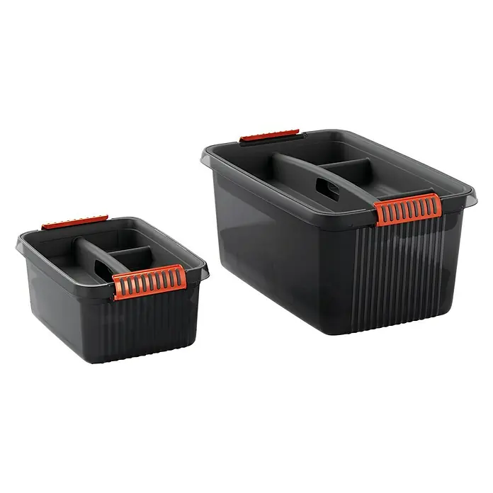 KIS Kunststoff-Einsatz K Latch Tray S - L x B x H: 26 x 35 x 8 cm, Kunststoff, Grau, Anzahl Fächer: 4 Stk. - Zwei graue Werkzeugkästen mit orangefarbenen Griffen, ideal für die Organisation von Werkzeugen und Zubehör.