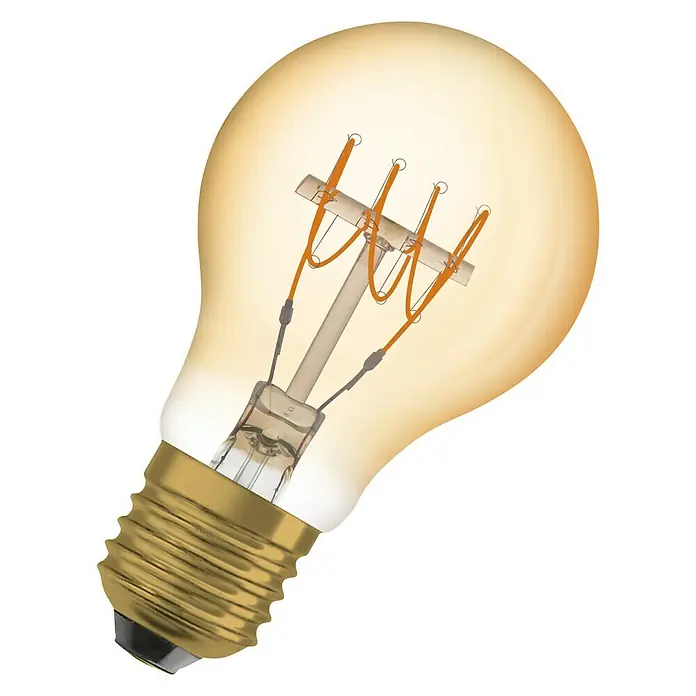 Osram LED-Lampe Vintage Edition 1906 Glühlampenform E27 - E27, Dimmbar, Warmweiß, 400 lm, 4,8 W, Birne, Gold - Nahaufnahme einer Edison-Glühbirne mit gelbem Glaskolben und spiralförmigem Glühfaden.