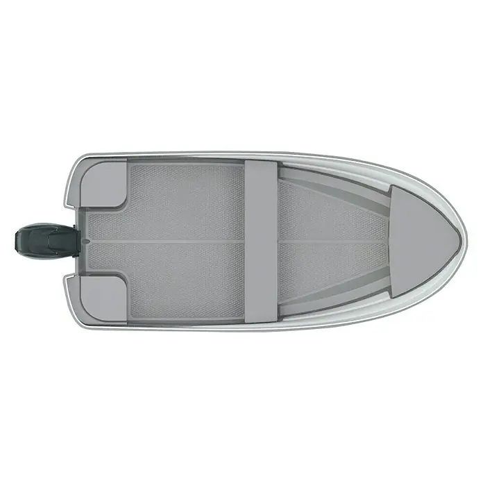 PEGAZUS GFK-Boot 450 Basic - Ohne Motor, Geeignet für: Max. 5 Personen, CE-Klasse C - Draufsicht eines grauen Aluminiumbootes mit Außenbordmotor. Das robuste Boot ist ideal für Angler und Freizeitkapitäne.