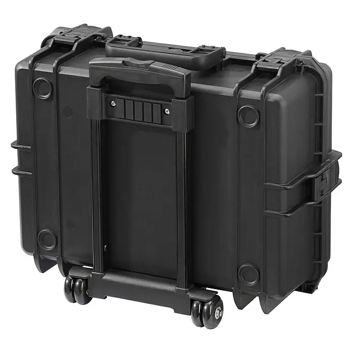 Wasserdichter Koffer MAX505TR - L x B x H: 555 x 445 x 258 mm, Ohne Schaumstoffeinlage, Ausziehbarer Trolley, Schwarz, Kunststoff - Schwarzer Rollkoffer mit Teleskopgriff, ideal für Reisen und Transport von Ausrüstung. Robustes Gehäuse schützt den Inhalt sicher.
