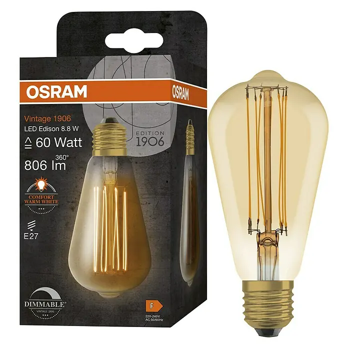 Osram LED-Lampe Vintage Edition 1906 Birnenform E27 - E27, Dimmbar, Warmweiß, 806 lm, 8,8 W, Gold - Produktbild einer Osram Vintage 1906 LED Edison Lampe mit 8.8W, die ein warmes, dimmbares Licht mit 806 Lumen erzeugt und eine E27 Fassung hat.