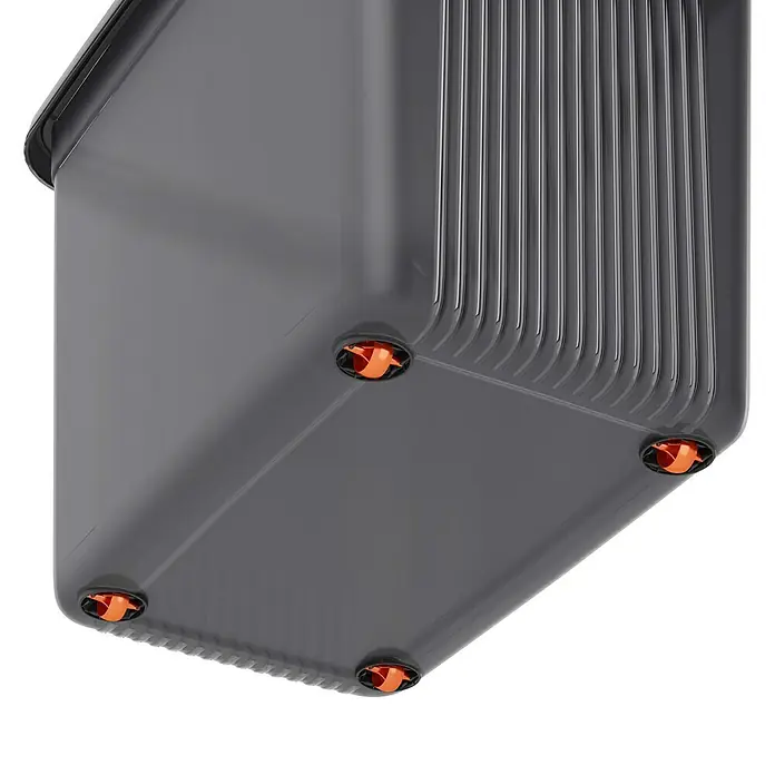 KIS Aufbewahrungsbox K LATCH - L x B x H: 59 x 39 x 45 cm, Grau - Detailansicht einer grauen Aufbewahrungsbox mit orangefarbenen Rollen an der Unterseite, ideal für die Organisation im Haushalt.