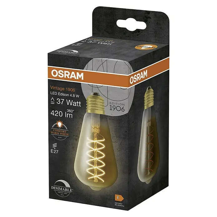 Osram LED-Lampe Vintage Edition 1906 Birnenform E27 - E27, Dimmbar, Warmweiß, 420 lm, 4,8 W, Gold - Nahaufnahme der Verpackung einer Osram Vintage 1906 LED Edison Lampe mit 4,8 W, die ein warmweißes Licht abgibt und dimmbar ist.