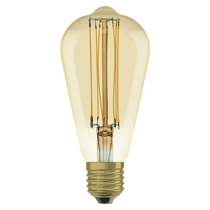 Osram LED-Lampe Vintage Edition 1906 Birnenform E27 - E27, Dimmbar, Warmweiß, 806 lm, 8,8 W, Gold - Nahaufnahme einer Edison-Glühbirne mit goldfarbenem Glaskolben und sichtbaren Filamenten, die ein warmes, nostalgisches Licht erzeugt.
