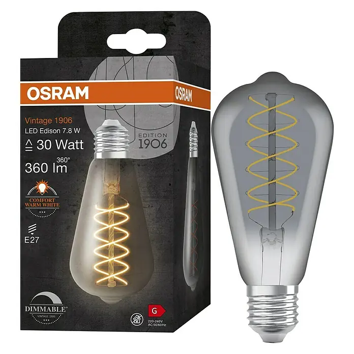Osram LED-Lampe Vintage Edition 1906 Glühlampenform E27 - E27, Dimmbar, Warmweiß, 360 lm, 7,8 W, Smoke - Nahaufnahme der Osram Vintage 1906 LED Edison Lampe mit 7.8W, die warmweißes Licht liefert und dimmbar ist.