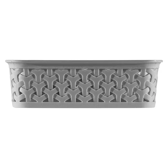 Curver Allzweck-Korb My Style - L x B x H: 20 x 26 x 6 cm, Grau - Eine graue Aufbewahrungsbox mit einem filigranen, durchbrochenen Muster vor einem schwarzen Hintergrund.