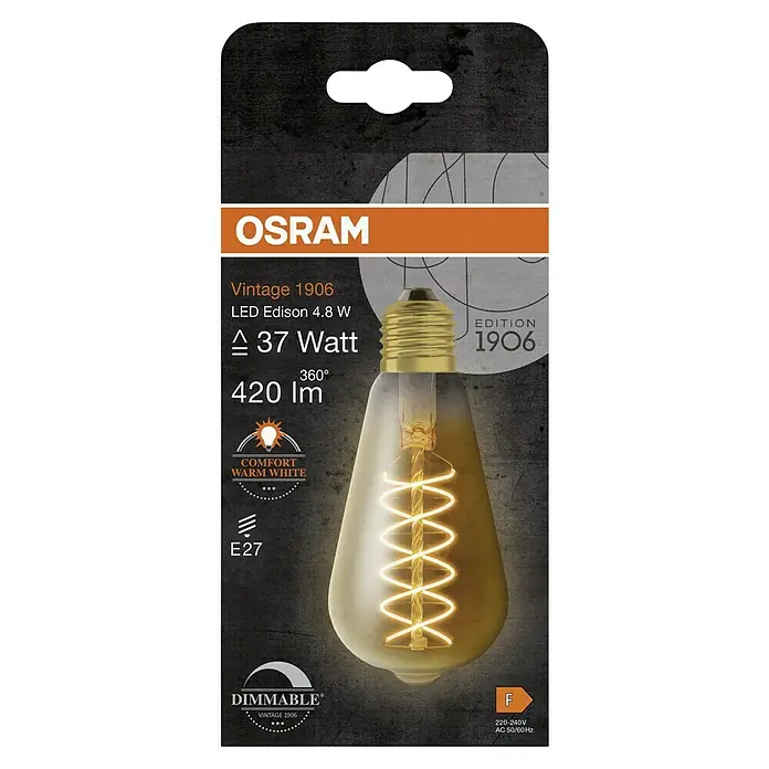 Osram LED-Lampe Vintage Edition 1906 Birnenform E27 - E27, Dimmbar, Warmweiß, 420 lm, 4,8 W, Gold - Nahaufnahme der Verpackung einer Osram Vintage 1906 LED Edison Lampe mit 4,8 W, die ein warmweißes Licht erzeugt und dimmbar ist.