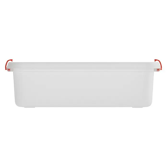 KIS Aufbewahrungsbox K LATCH - L x B x H: 59 x 39 x 18 cm, Transparent - Ein weißer Aufbewahrungsbehälter mit roten Akzenten. Praktisch für die Organisation und Lagerung verschiedener Gegenstände im Haushalt.