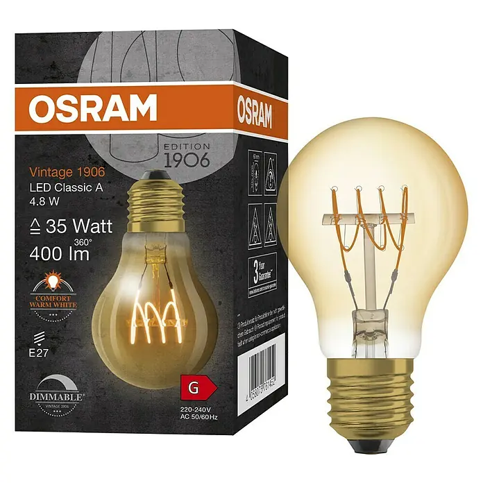 Osram LED-Lampe Vintage Edition 1906 Glühlampenform E27 - E27, Dimmbar, Warmweiß, 400 lm, 4,8 W, Birne, Gold - Produktansicht: Eine OSRAM Vintage 1906 LED Classic A Lampe, die warmes Licht und Retro-Ästhetik vereint.